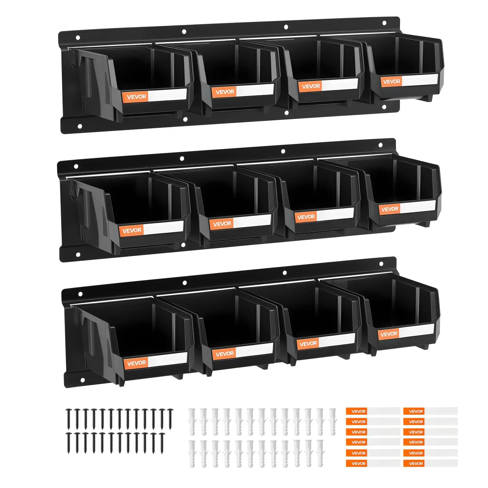 VEVOR Wall Mounted Storage Bins Set, 12 Plastic Boxes & 3 Metal Rails, Hanging Stackable Organizer for Screws, Nuts, Bolts, Nails, Hardware Tools in Workshop, Garage