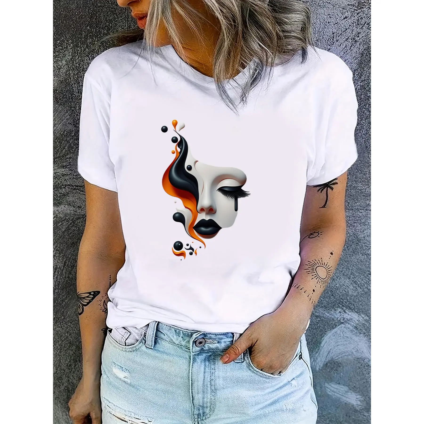 GGOR T-Shirt Featuring an Artistic Abstract Design of a Human Face!Vibrant Colors 3D Facial Details Immediate Artistic Change Made from Soft Fabric1 Three-Color Women'S Clothing
