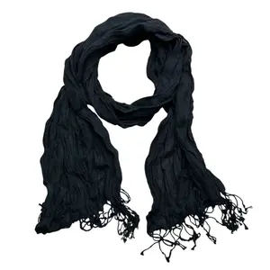 Black Dyed Crinkle Viscose Scarf - Textured Evening Scarf (70"x25")