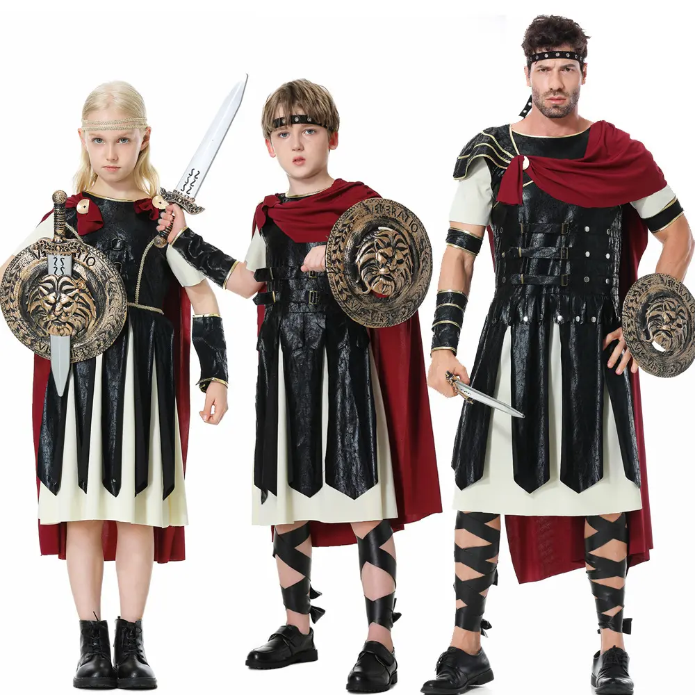 Men's Classic Spartan Warrior Costume Set with Adjustable Roman Gladiator Armor, Cape & Sword - Lightweight Rayon for Halloween Cosplay