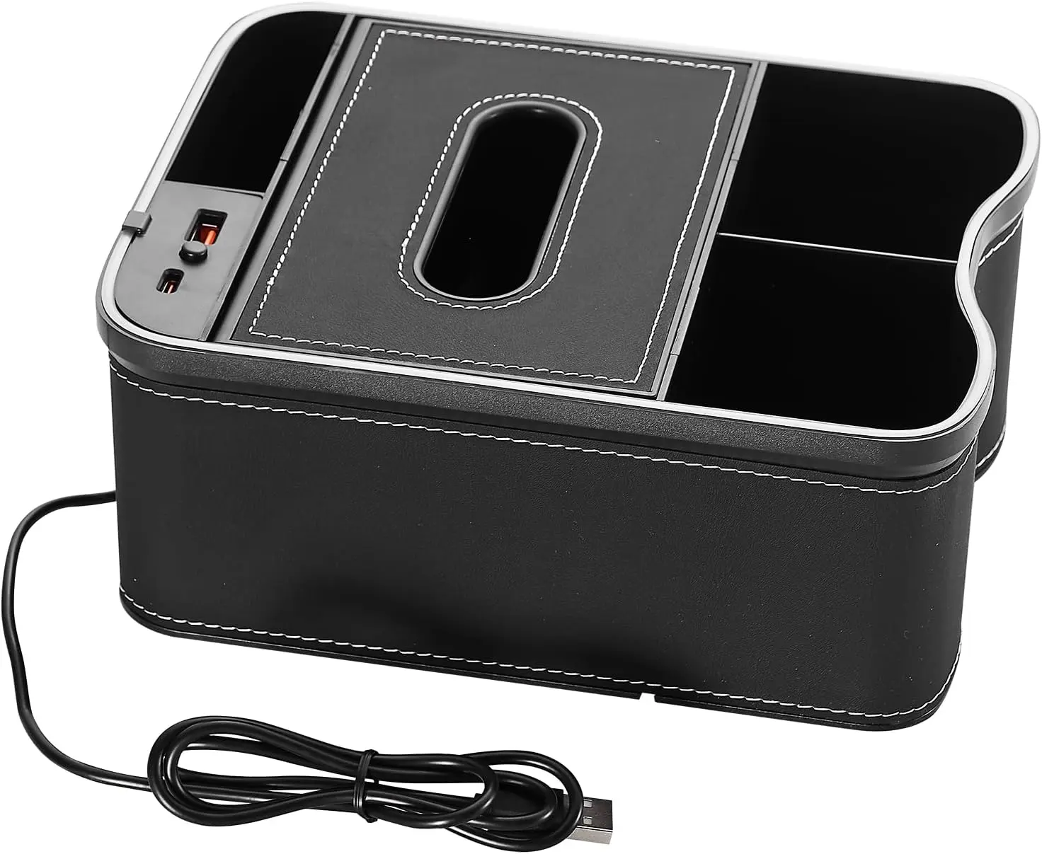 Car armrest storage box with 2 cup holders, 7-color LED lights, USB + Type-C charging port, car center console, universal small car storage bag, front seat Multifunctional Car Organizer
