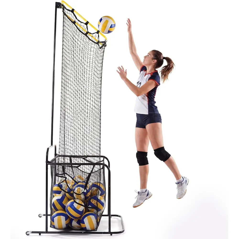 Volleyball Setter Rebounder Net with Metal Frame, Portable Spike Trainer, 5 Adjustable Heights-Multi-Angle, Lockable Wheels, Ball Collector for Indoor-Outdoor Practice, All Skill Levels, Volleyball Balls, Nets, Ball Control
