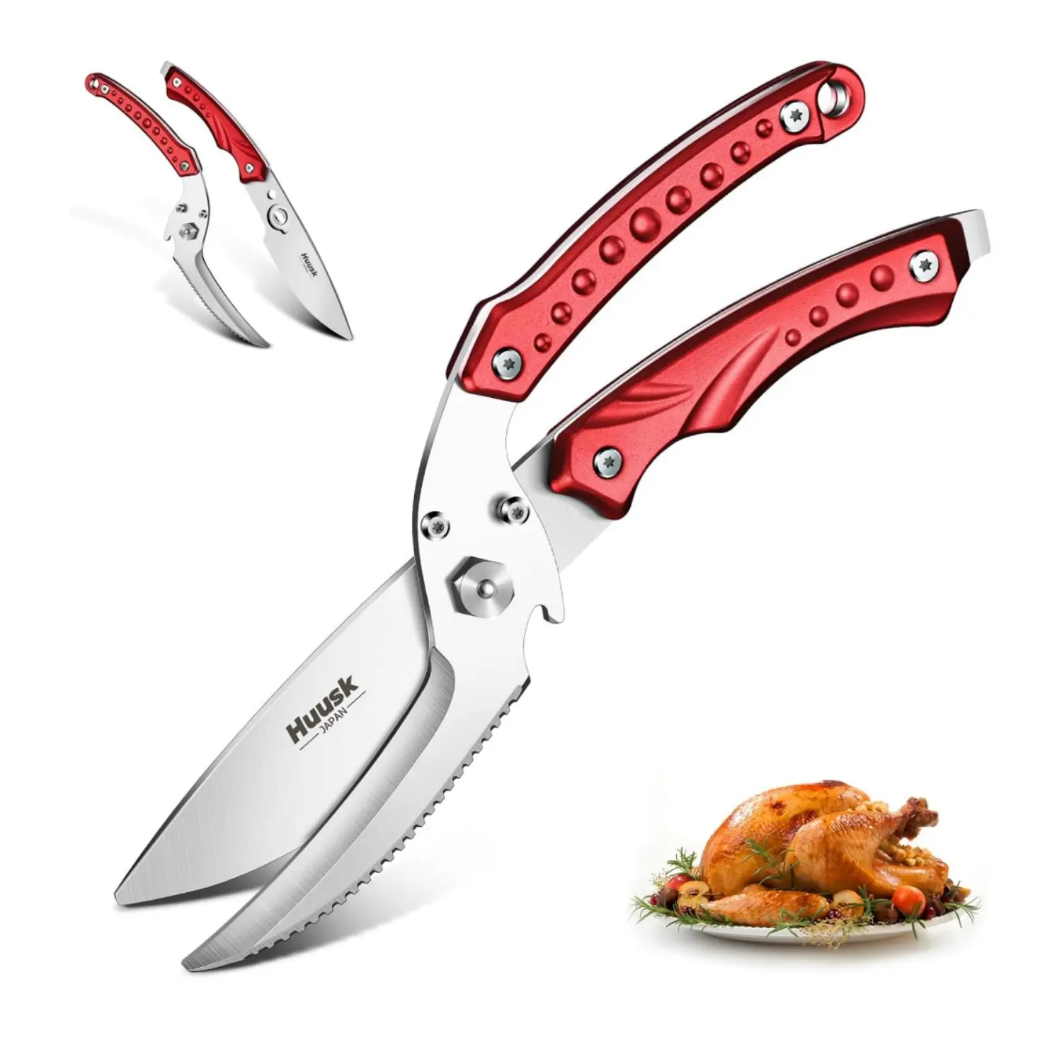 Huusk Stainless Steel Kitchen Scissors - All-Purpose Detachable Poultry Shears with Serrated Edge, Curved Handle Hugs Your Hand, Heavy-Duty for Cutting Chicken Bone, Turkey, Fish, Meat (Burgundy)