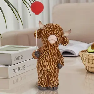 Highland Cow Statue with Balloon, Resin Animal Ornament, Decor Figurine, Indoor Home Farmhouse Tiered Tray Centerpiece Decoration, Summer Outdoor Garden Decor