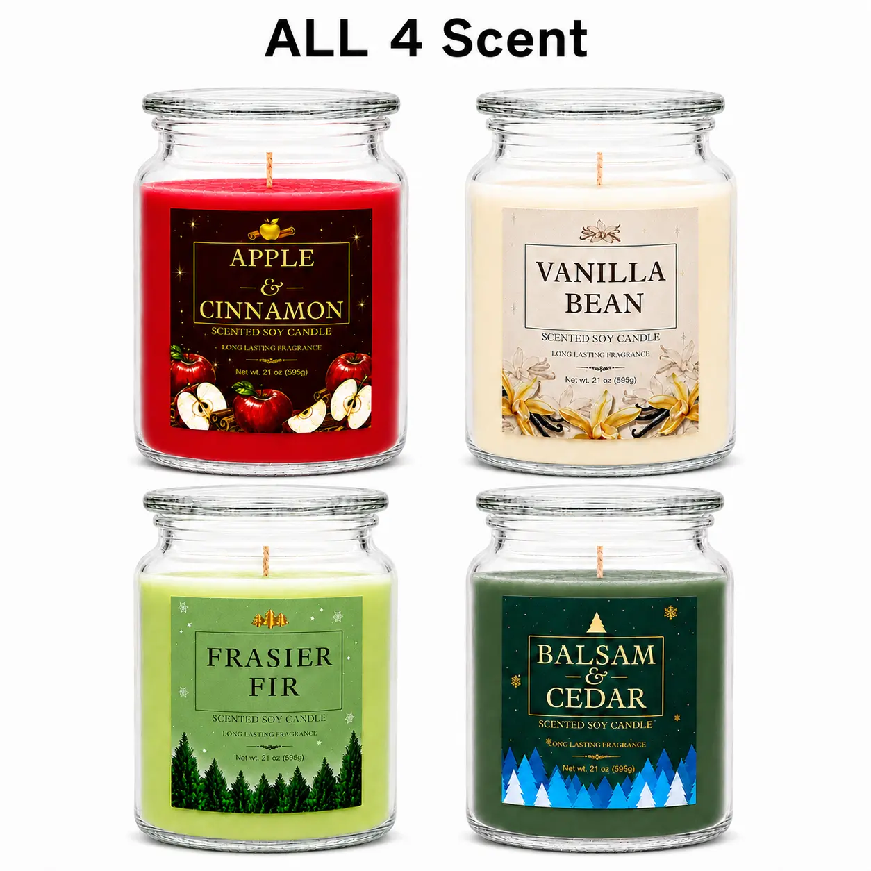 21 oz Scented Candle, Up to 120 Hours Burn Time, Soy Wax Candle in Glass Jar with Gift Box, Vanilla Bean, Apple & Cinnamon, Frasier Fir and Balsam & Cedar Scents Available, Fall Winter Home Decor and Thanksgiving Christmas Gifts