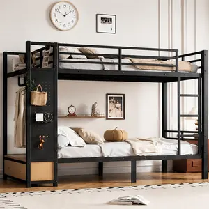 Twin XL Metal Bunk Bed with Storage Shelves Drawers and Pegboard Black MDF+Metal Frame for Teens Dorm Room Small Apartment Space-Saving Multi-Functional Bed with Coat Rack and Headboard Shelf, Twin XL Size Options, Black Color Options, 128.10 Lb