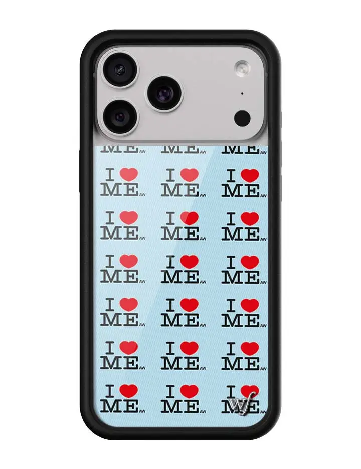Blue I Heart Me | Limited Edition Trendy Collab iPhone Case | Raised Protective Black Bumper | Women Owned Small Business | Sky Blue Background I Heart Me Red Print | Safety Casing Protective | Gift for Her