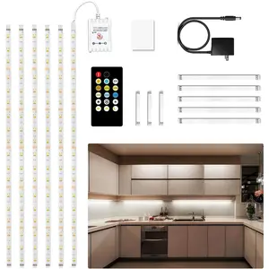 Under Cabinet Lighting kit, 6 count LED Strip Lights with Remote, Dimmer and Adapter, Dimmable for Kitchen Cabinet,Counter,TV ,Showcase 2700K-6500K Warm to Daylight White, Timing, 20ft