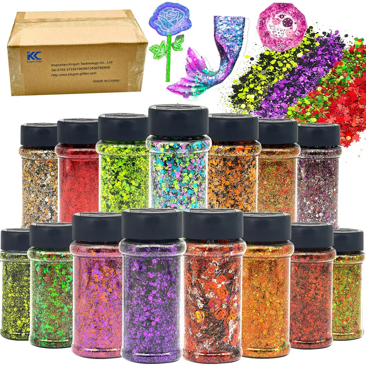 Holographic Chunky Glitter 24 Color Multi-Surface Cosmetic Glitter for Nails, Face, Body, Hair, Lip Makeup,Bulk Craft Glitter for Resin, Painting,Tumblers, Epoxy, Art Each 2oz