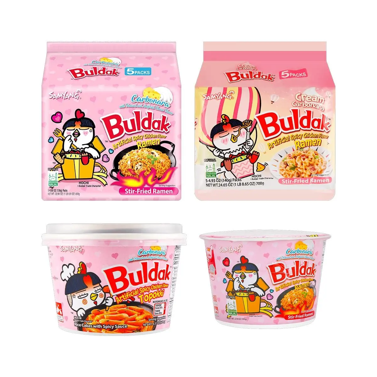 SAMYANG Korean Buldak Carbonara Stir-Fried Buldak Ramen Carbonara Hot Chicken Flavor, Carbonara Topokki, 4 Combination, 57.64oz