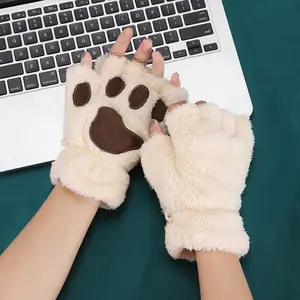 Rimiut Cartoon Cat Claw Gloves for Women Girls Thickened Plush Lovely Style Bear Paw Exposed Fingers Half Finger Winter Gloves