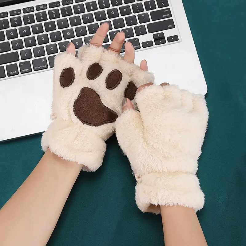 Women's Cute Bear Paw Hand Gloves, Faux-Fur Plush Exposed-Finger Design, Thick Warm Winter Luggage & Bag Accessory, Cutecore Puffy Hand Cover, Gloves For Cold Weather, Paw Shape, Plush Texture, Diy Projects, Cartoon Diy Bag Accessories, No