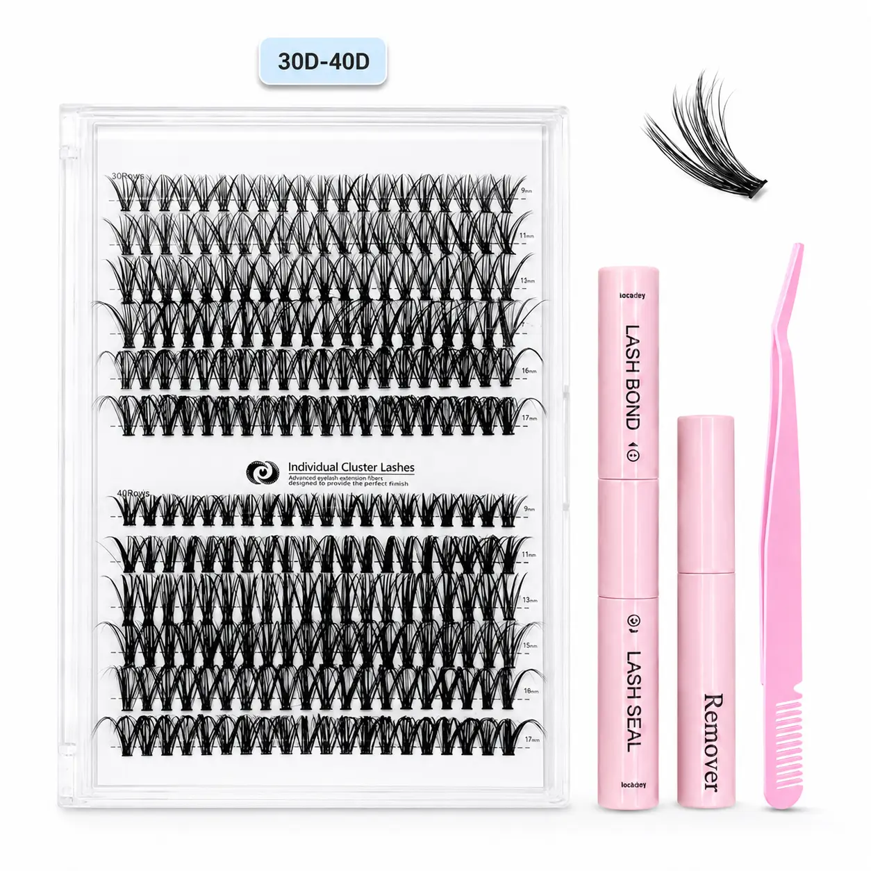 Lash Extension Kit DIY 240pcs Lash Clusters Eyelash Extension Kit, 9-17mm 30D-40D Individual Lashes Kit with Lash Bond and Seal, Lash Tweezers for Self Use (30D-40D,  9-17mm, Kit)