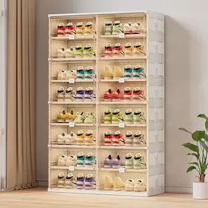 JEKO&JEKO 8 Tiers Foldable Shoe Rack Organizer Cabinet for Closet Entryway, Large Collapsible Shoe Storage Box with Magnetic Doors Fits Up to 32 Pairs (White)