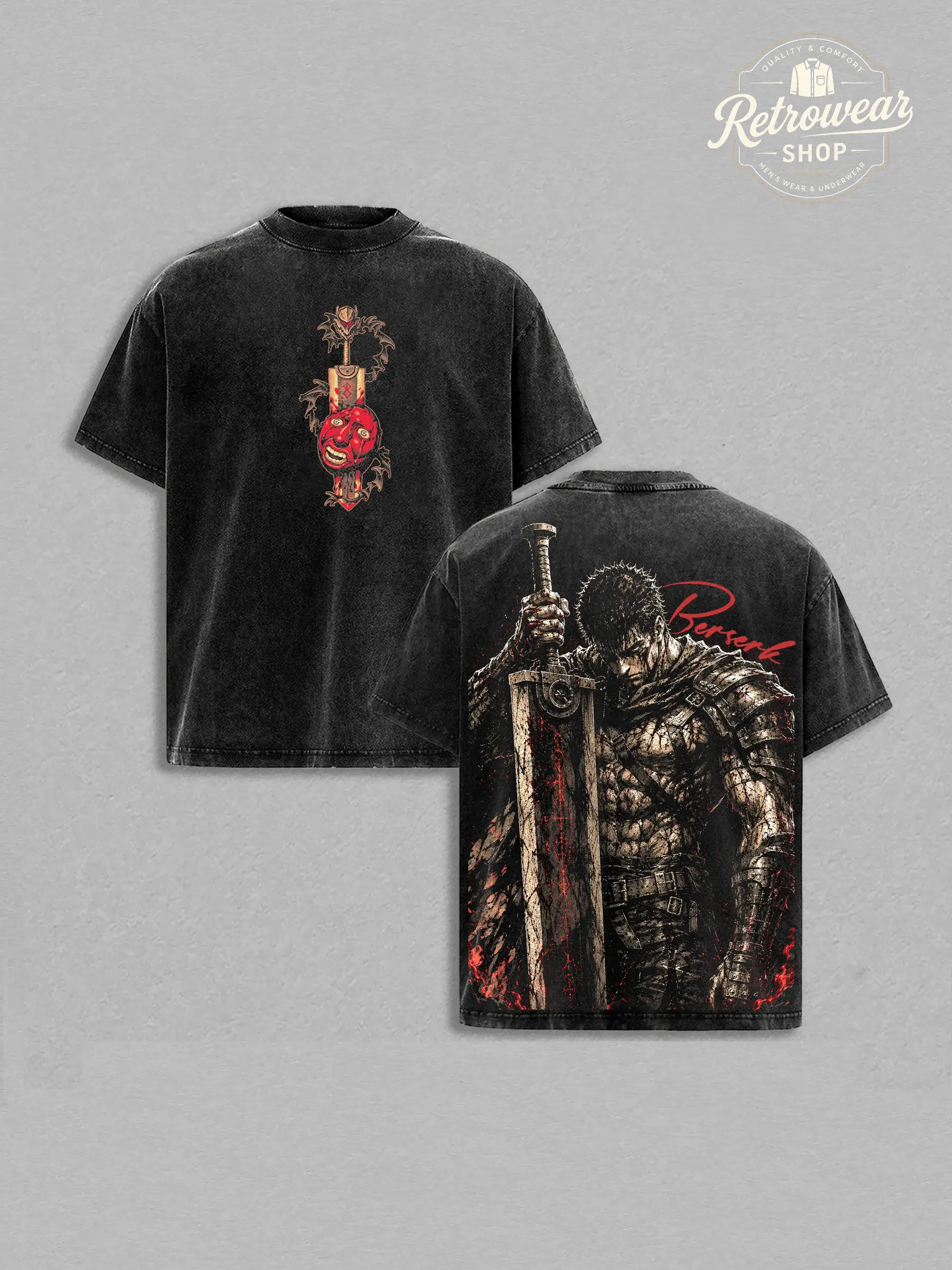 Men's Guts Berserk Vintage Washed Oversized Heavy Cotton Short-Sleeve Round Neck Casual Print T-Shirt, Unisex Streetwear Apparel Gift for Berserk Fans, Shortsleeve, Tshirt, Vintage Graphic Tees