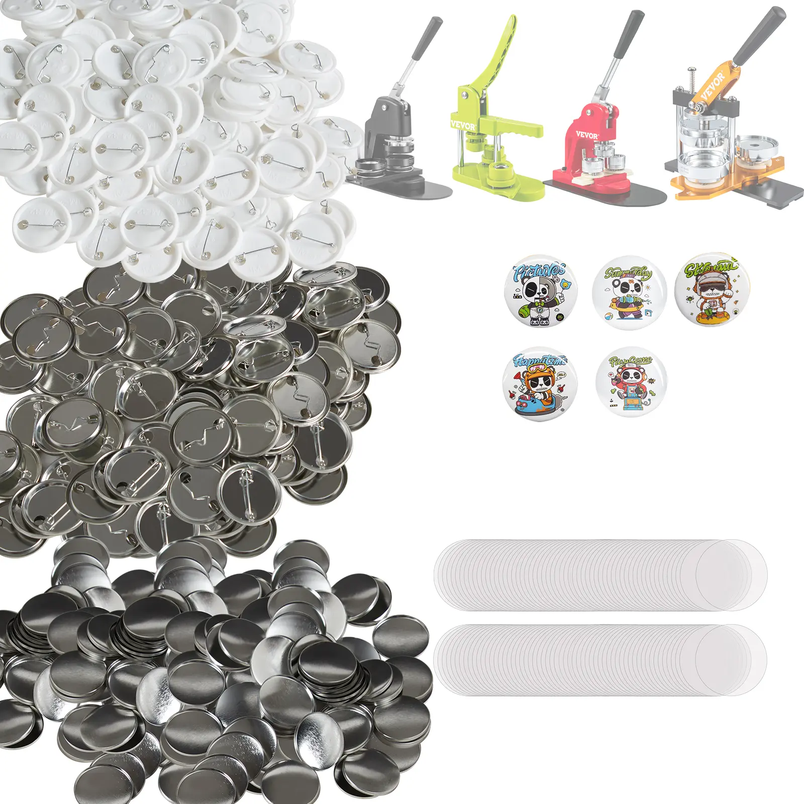 VEVOR 500 Sets 1.25in (32mm) Button Maker Machine Pin Back Parts, DIY Craft Kit for Custom Handmade Projects, Includes Metal Tops, Plastic-Metal Pinbacks, Transparent Film & Blank Paper for Crafts, Friends, Holidays, Mother, Children