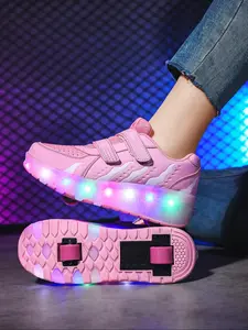 Boys Girls Fashion Breathable Dual-Wheel Skates with LED Lights, Outdoor Sports and Ice Skating, Ideal Gift for Kids and Teens, All Seasons, Double Wheel Design, LED Light Feature, Rubber Sole, Roller Skate Shoes, Shoes with Wheels