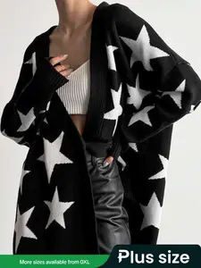 【Plus Size】 Star Print Open Front Sweater Cardigan, Casual Long Sleeve Knitwear for Daily Wear, Women's Plus Clothing for Fall & Winter, Tops, Knitted Cardigan Tops, Casual Knitting Top