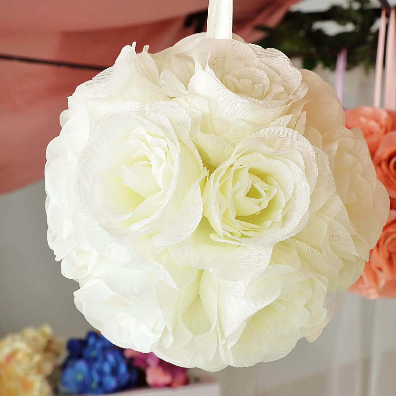 2-Pack 7" Cream Artificial Silk Rose Kissing Balls, Fake Flower Balls for Home Decor, Artificial Plants & Fake Flower Accents, Artificial Plants Decor