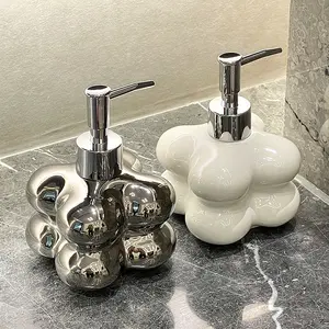 Creative Unique High-End Silver Color Matte Soap Dispenser, Ceramic Press Bottle, Modern Bathroom Decor, Home Hand Wash Bottle, Bathroom Decoration Accessories, Bathroom Decor Supplies