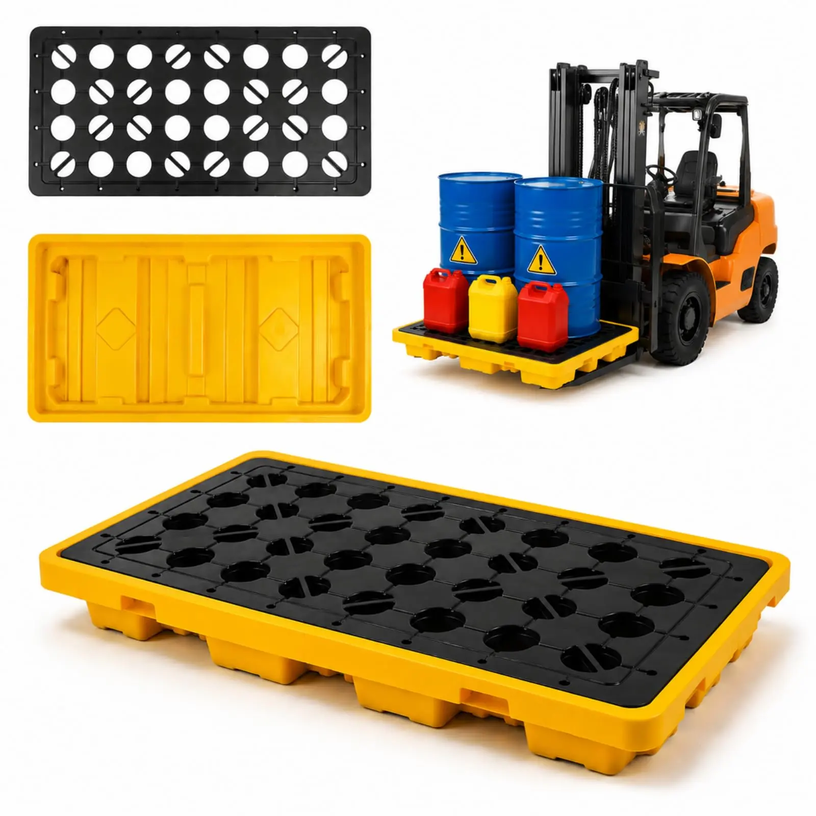 2-Drum Polyethylene Spill Containment Pallet, 2000lb Capacity, 48x24x4in Stackable Leakproof Platform with Drain Outlet, Forklift Pockets for Garage/Storage, Industrial Users