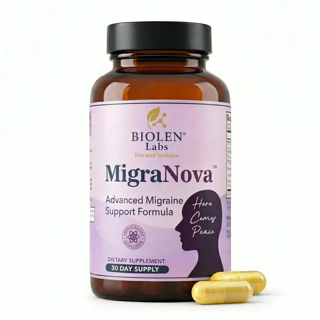MigraNova Migraine Support Supplement - Magnesium Glycinate, Riboflavin B2, CoQ10 & Feverfew Complex for Daily Head Comfort and Tension Support, Vegan Non-GMO, 60 Capsules