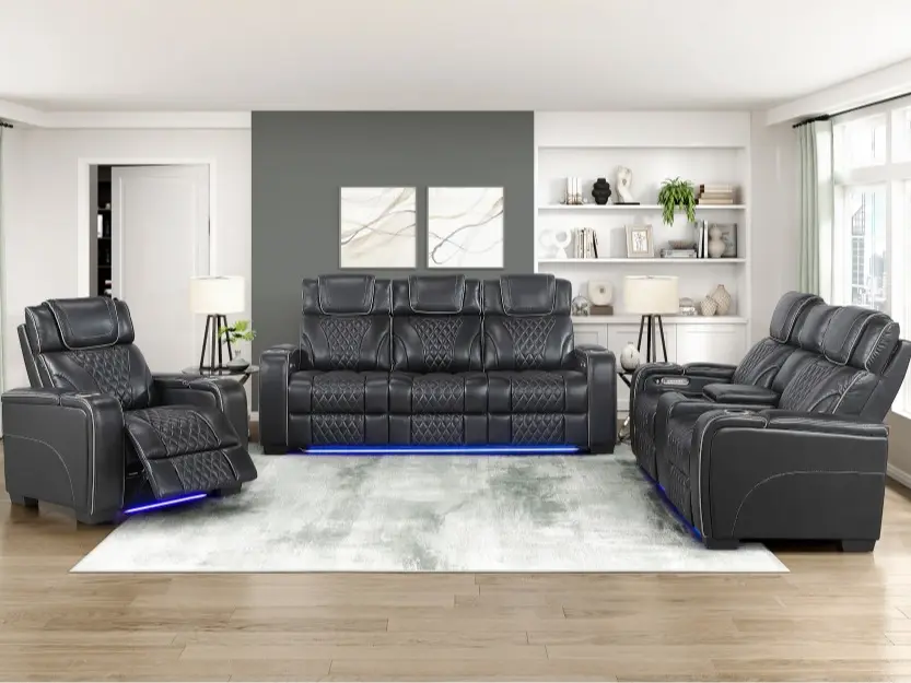 Homelegance 8449BK-2PC Apex Black Top Grain Leather Power Reclining Sofa & Loveseat Set - Diamond Pattern, LED/USB Features, Ideal for Living Space & Any Room