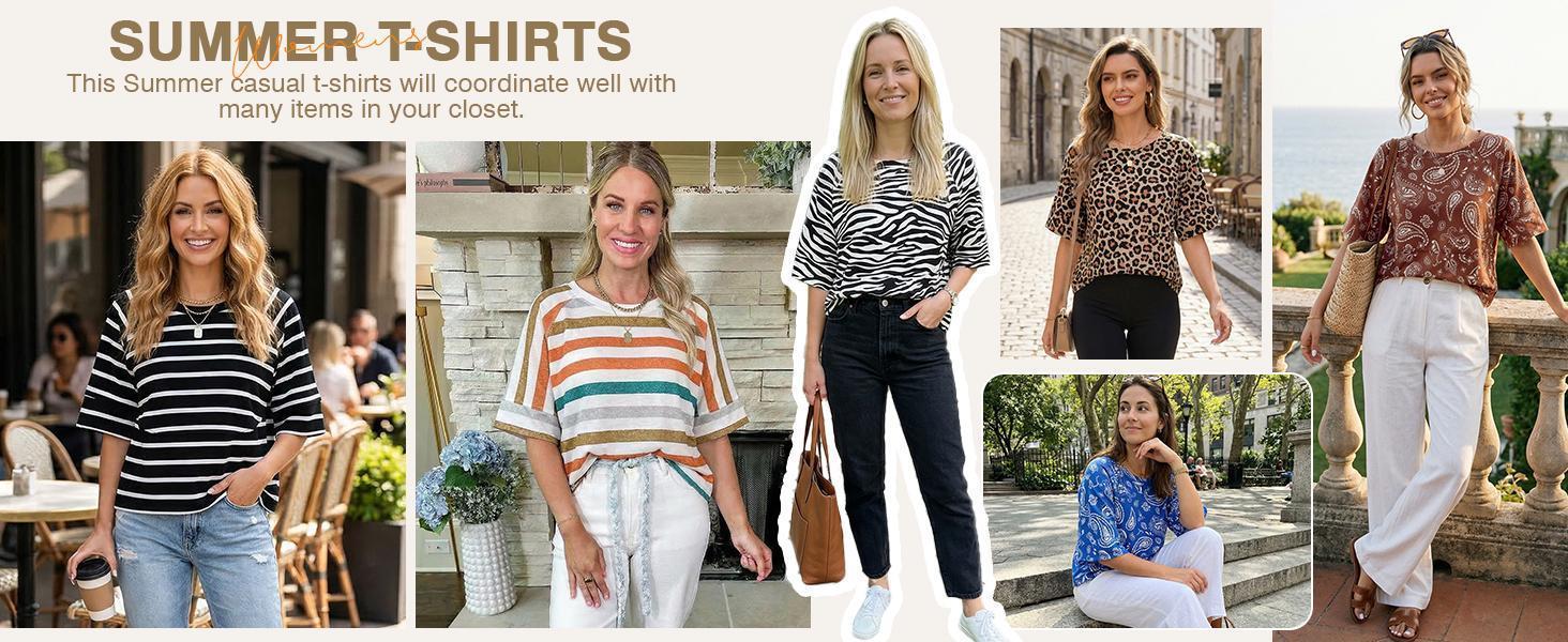 Imily Bela Women's Summer Casual Crewneck Batwing Half Sleeve T-Shirts Solid Color Loose Fit Cute Basic Flowy Tops Tees Blouses