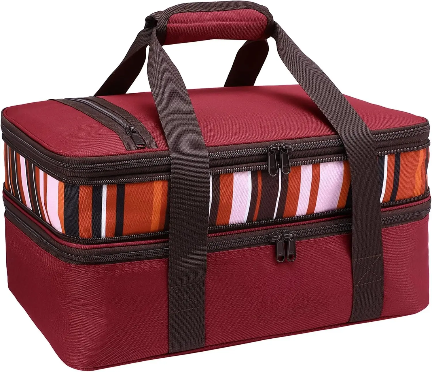 Insulated Double Casserole Carrier Thermal Lunch Tote - Synthetic, Modern Patterns, Fits 9x13 In Dish, Expandable via Mid Zipper, 2 Padded-Wrap Handles, Large Exterior Zippered Pocket, for Family Potlucks, Beach