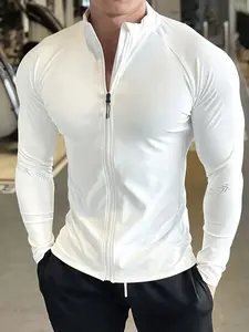 Men's Spring Outfits Solid Color Full Zip Stand Collar Tight Fit Gym Shirt Long Sleeve T-Shirt for Daliy Wear, Gym Wear High Street Trendy Casual Sport Daily Wear.