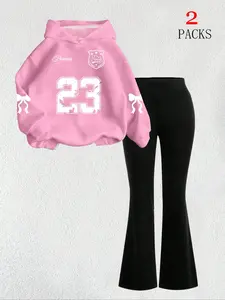 Women's Warm Sweatshirt Set + Slim Fit Flare Pants, Casual Butterfly Print Hoodie with Kangaroo Pocket, Fall & Winter