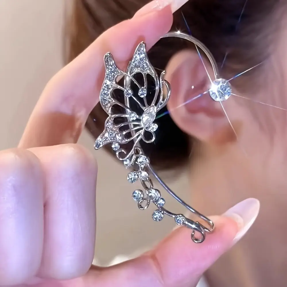 Women's Silver-Tone Hypoallergenic 1 Pair Butterfly Ear Cuff Set - No Piercing Elf Ear Wraps with Sparkling Crystal, Cubic Zirconia Dangling, Butterfly Beaded Charm for Fantasy Cosplay, Party