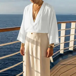 INCERUN Men's V-Neck Kimono Shirt - Menswear Mens Clothing Casual Shirts, Old Money Fashion, Relaxed Loose Fit, Breathable Linen-Feel Fabric, Aesthetic Outfits for Tropical Cruise Beach Vacations