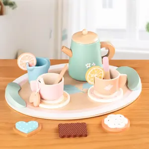 Macaron-colored wooden play tea set, featuring elegant tea treats and adorable utensils—perfect for kids to role-play with style, Kitchen Pretend Play Set