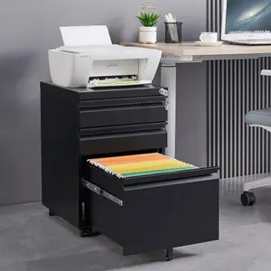 Cold Rolled Steel 3-Drawer Mobile Office File Cabinet with Wheeled Base, Pre-Assembled, Locking Mechanism and Hanging File Bar, Three Drawers