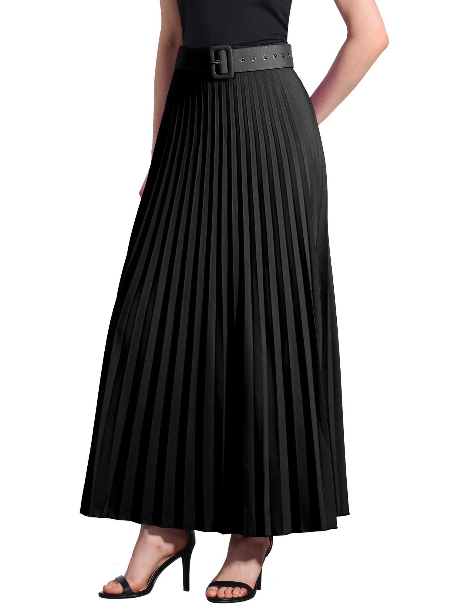 INSPIRE CHIC Flowy Pleated Elastic High Waist with Belt Swing A-line Chic Maxi Skirt
