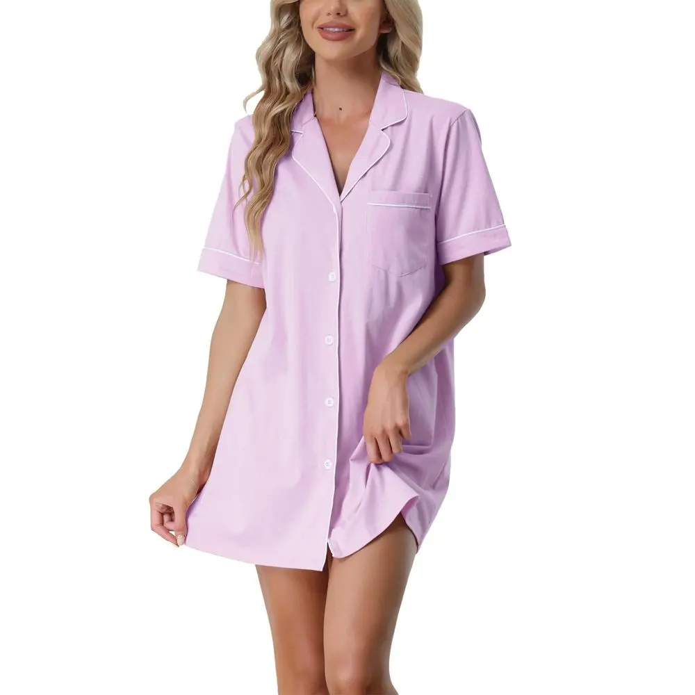 CHEIBEAR Women's Notched Collar Pajama Shirt Dress, Soft Cotton Blend Button-Down Nightwear with Pocket, Cozy Lightweight Knit Loungewear, Fabric, Comfy