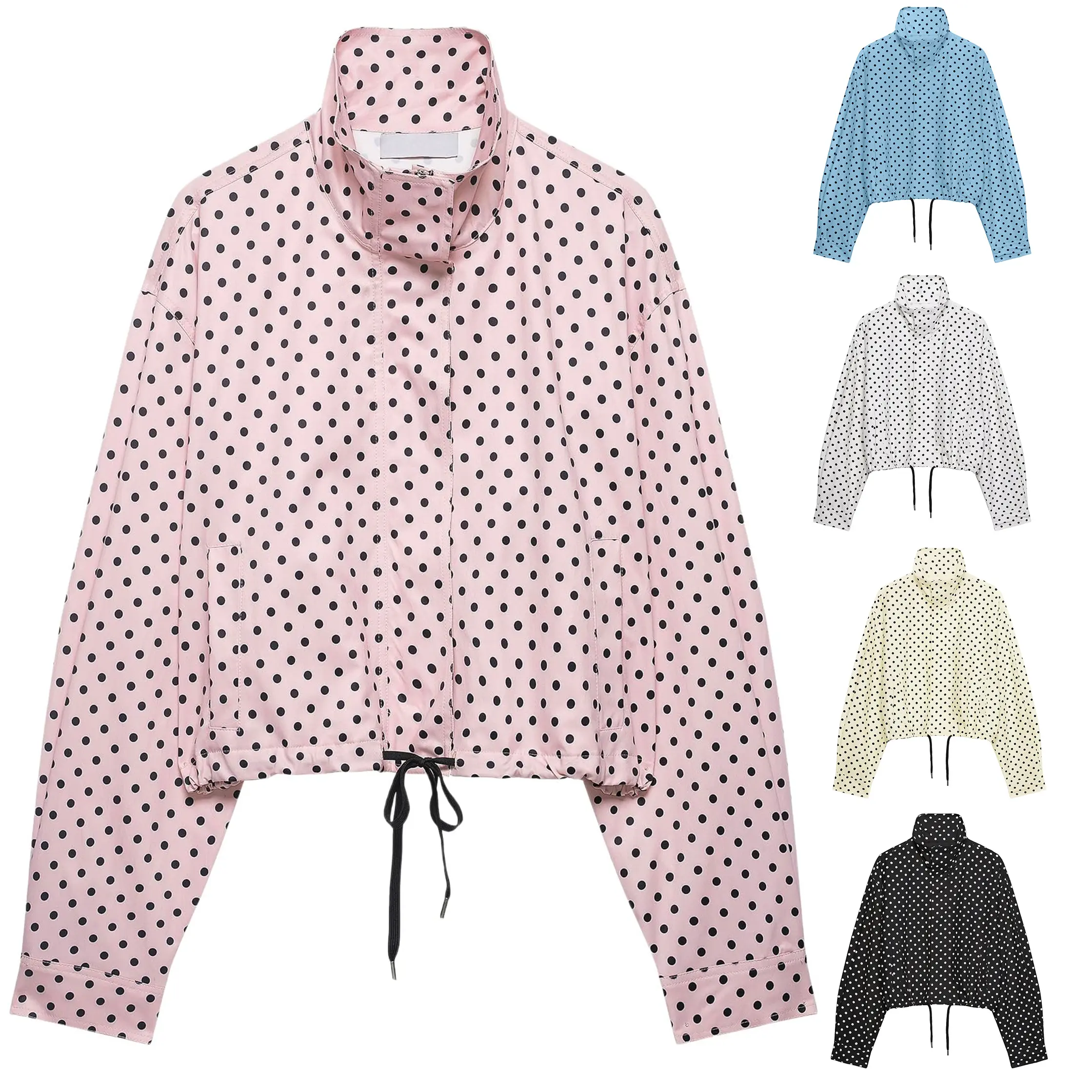 Mundoven Jacket for Women, Lightweight Polka Dot Cropped Outerwear with Zip Up Front, Pockets & Adjustable Drawstring, Tops, Collared Zipper Jacket, Office Ootd, Athletic