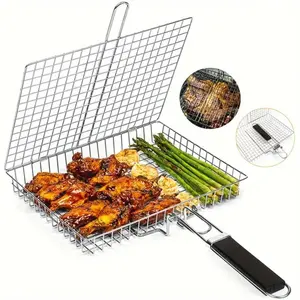 Portable Grill Basket, Stainless Steel Large Foldable BBQ Basket with Handles, Outdoor Camping Grilling Rack for Fish Shrimp Vegetables, Utensils, Barbecue Accessories