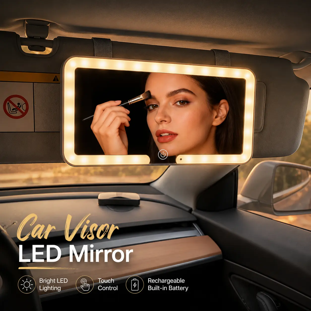 High‑Definition Car Visor LED Mirror for All Vehicle Models,Chic LED Car Vanity Mirror, Tri-Color Lighting,USB Rechargeable, Magnetic Detachable Design