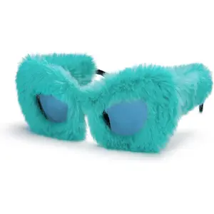 FEISEDY Women Plush Fuzzy Cat Eye Sunglasses Punk Soft Velvet Shades Ladies Handmade Party Masquerade Eyewear B2877