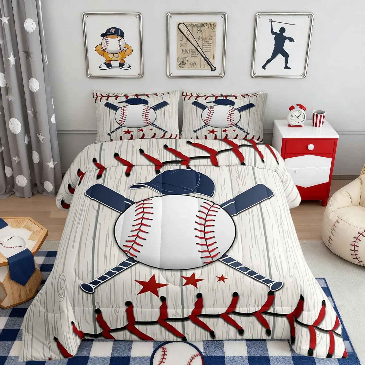 Feelyou Queen King Full Twin Soft Bedding Set - Digital Print Baseball Sports Themed Comforter, Modern Rustic Wooden Design Quilt, Machine Washable Kids' Bedroom Decor, Multi-Size