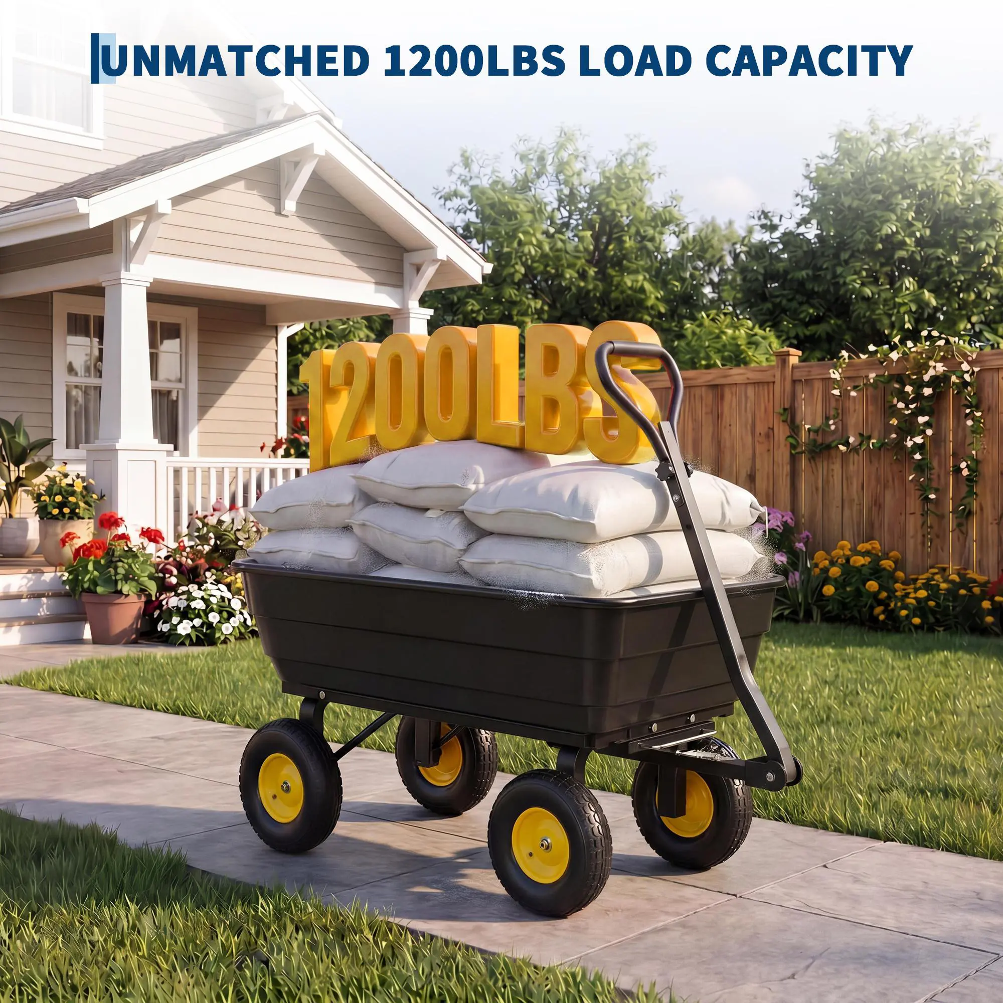 600LB All Terrain Yard Wagon Heavy Duty Utility Cart with Quick Dump Design and Adjustable Handle for Carrying Soil Plants Tools and Landscaping Supplies