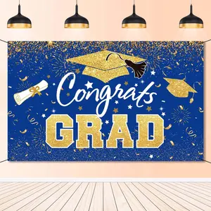 Blue Gold Congrats Grad Class of 2026 Backdrop Banner Large Sign Wall Decor Photography Background Party Supplies for 2026 Graduation Party