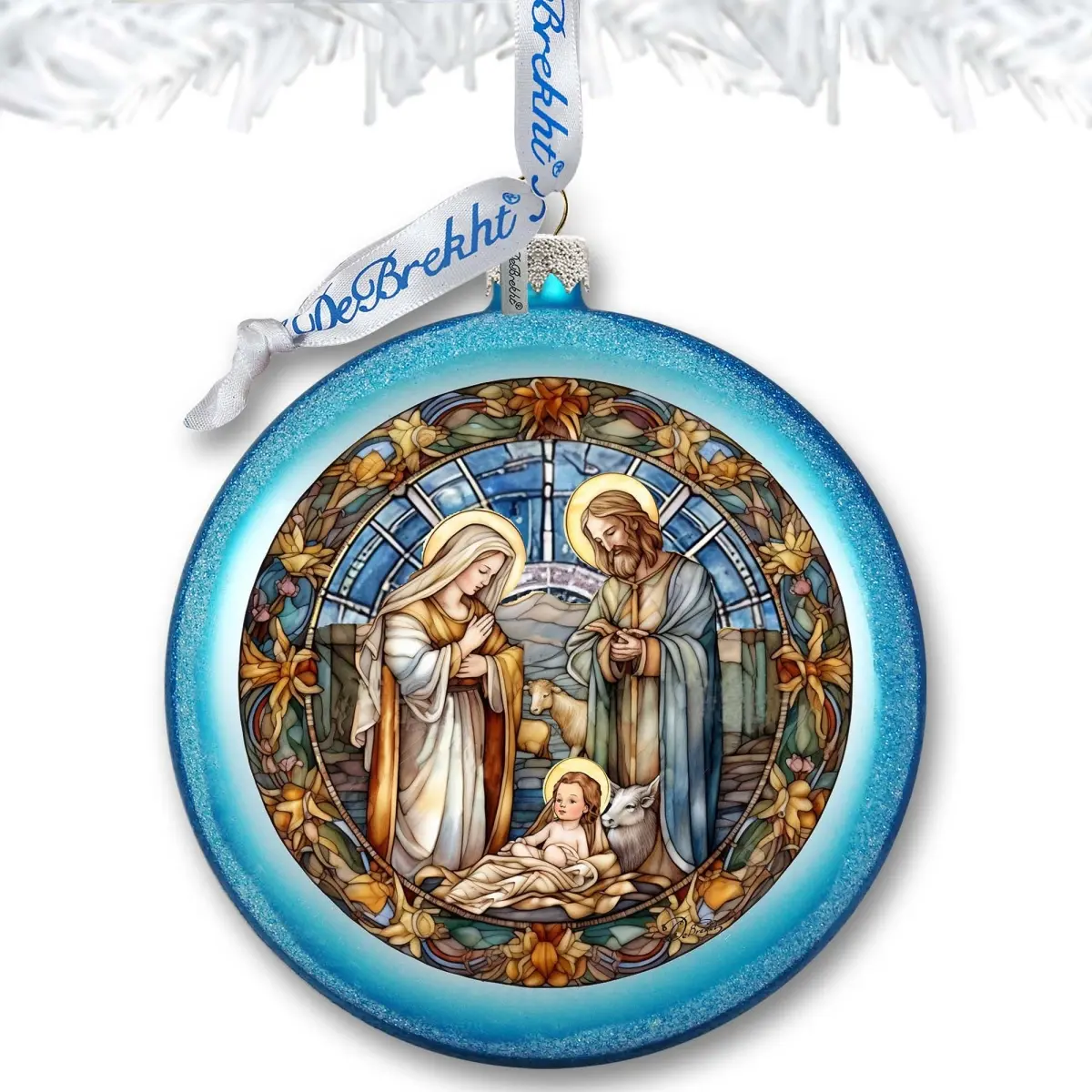 212 MAIN Hand-Painted Satin Mercury Glass Round Nativity Ball Ornament - 3x3.5 in, US Handcrafted, Lightweight, Painting Design, Nativity Scene Unique Piece, Indoor Decor, Boxed Set with Ribbon, Christmas Tree Accent