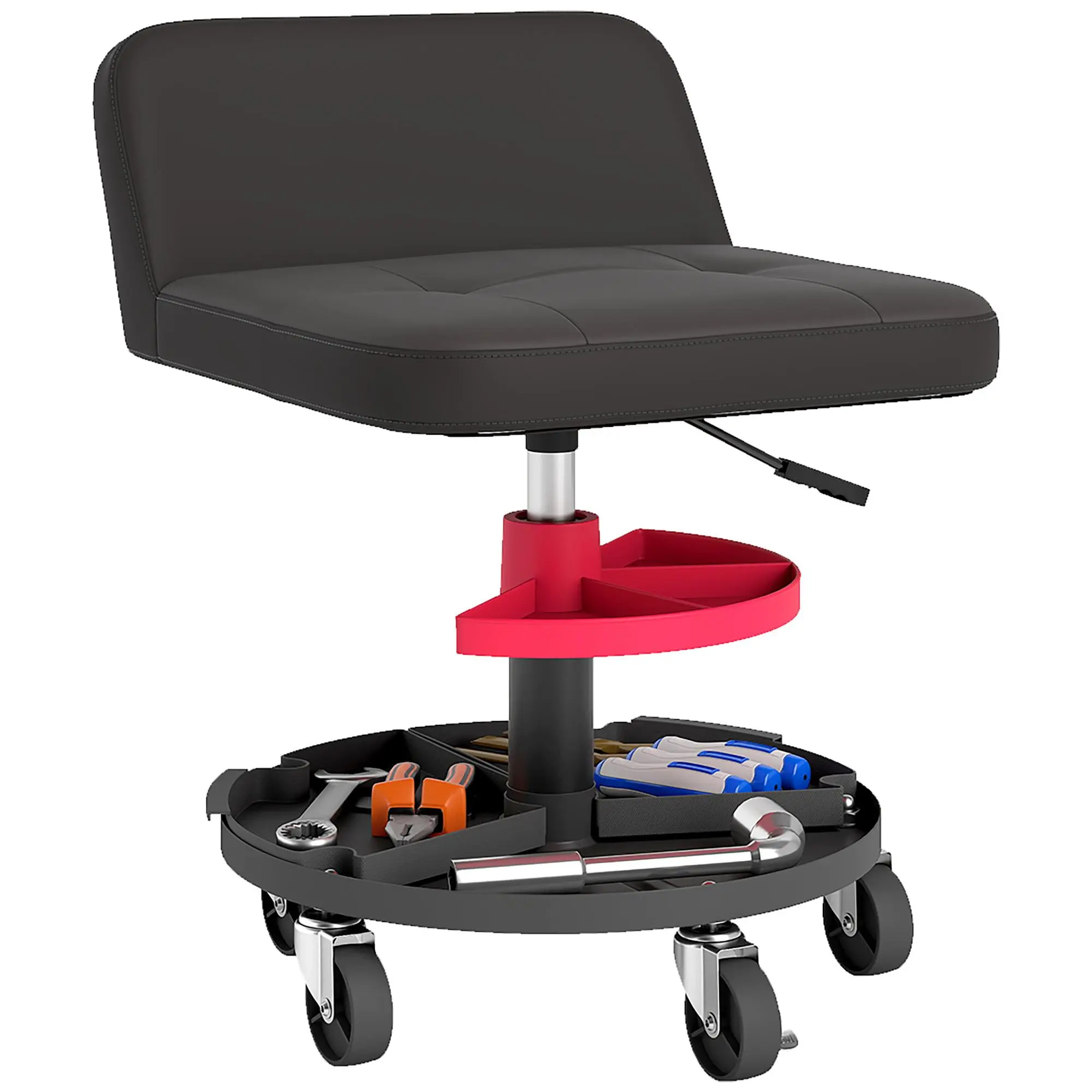 HOMCOM Heavy-Duty Mechanics Steel Frame Rolling Stool with Casters, 300lb Chair Capacity, Pneumatic Height Adjustment, Cushioned Seat, Backrest, Tool Tray, Ergonomic Garage Shop Chair, DEHP-Free, Black