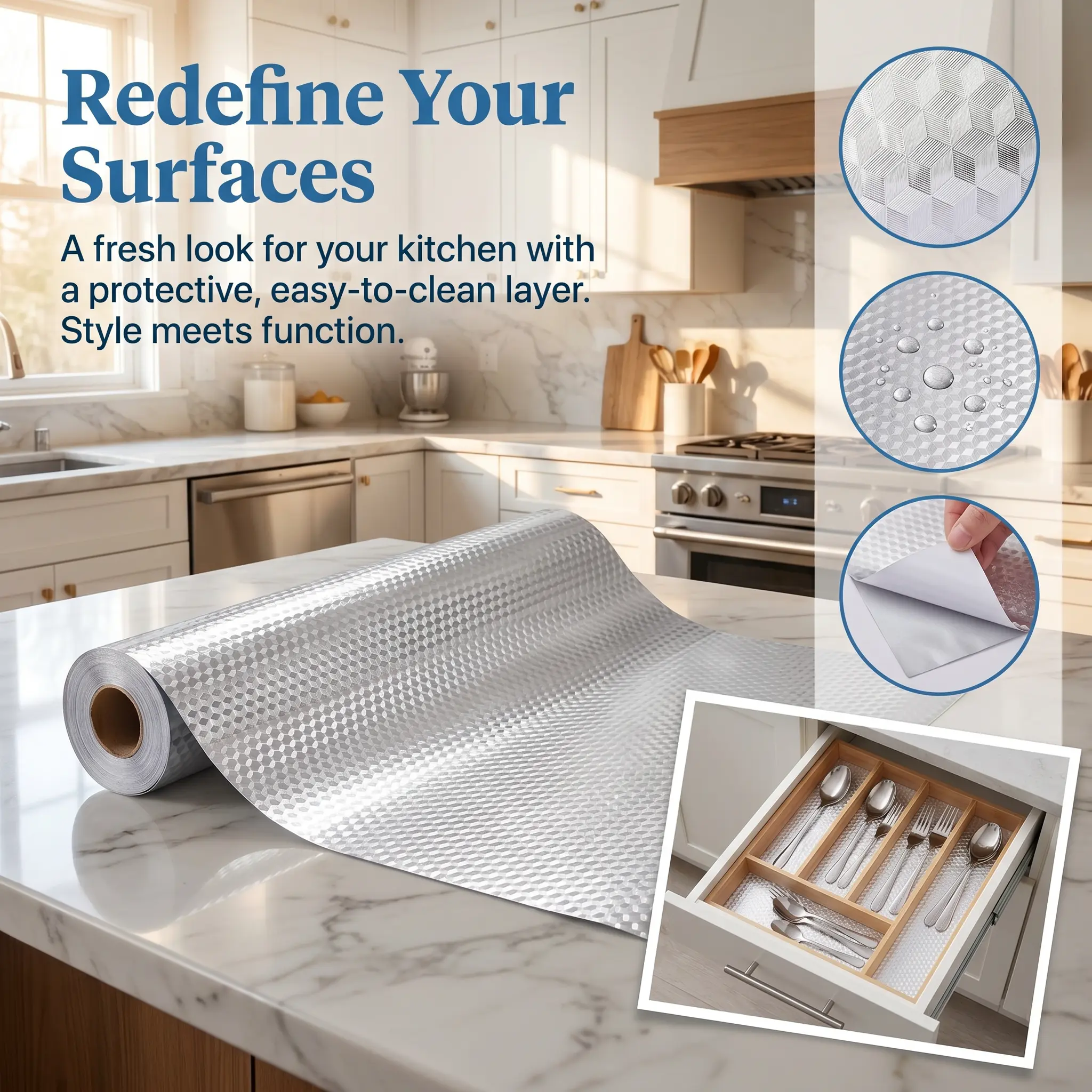 Silver Cube Texture Non-Woven Aluminum Foil Contact Paper, Self-Adhesive Peel and Stick Kitchen Backsplash Sticker, Waterproof Oilproof Heat Resistant Cabinet Liner, 15.7 x 118 Inches