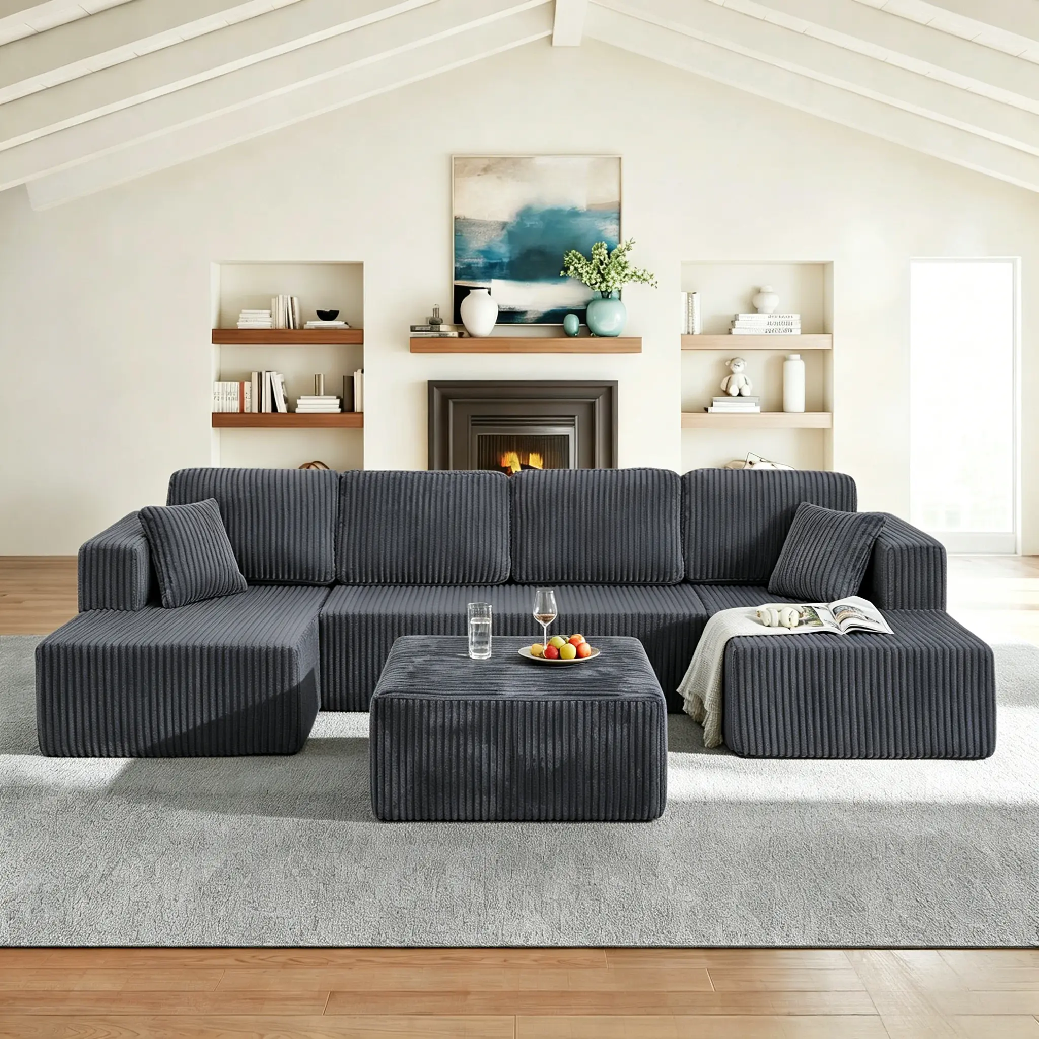 [2-3 Packages] Niccae 132.5" U-Shape Convertible Modular Corduroy Sofa - 5-Seat, No Assembly, Modern, Comfortable, Pet-Friendly, Ships in 2 Packs, Living Room Furniture, Apartment Furniture