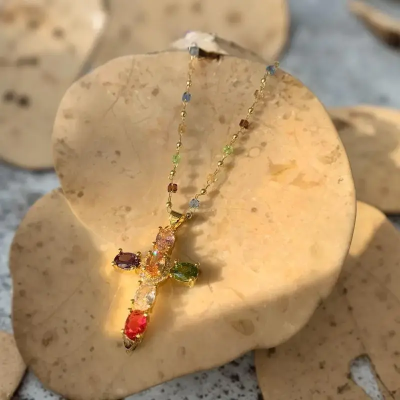 Rainbow Cross Pendant Necklace - Dainty Multicolor Faith Cross Necklace,Vintage Glam & Y2K Vibes for Women Girls,Colorful Sparkle Perfect for Daily Outfits Church & Festivals