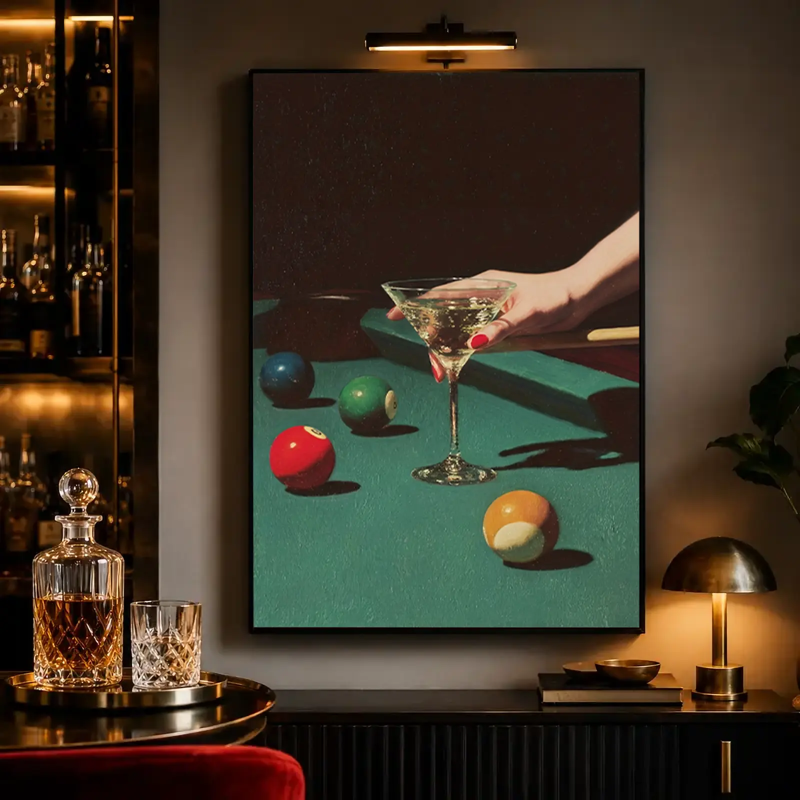 2D flat print canvas wall art, retro pool billiard table poster featuring a hand holding a martini cocktail, vintage bar house wall decor decorations, stylish printed gift for man cave, basement pub, game room interior wall decor bedroom wall decor